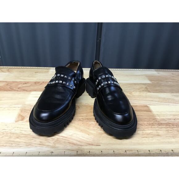 Allsaints Lola Flats Women's 8 Black Leather Slip-On Round Toe Studded Loafers - Picture 1 of 8